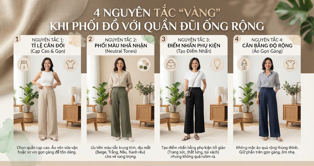 4 Nguyên Tắc "Vàng" Khi Phối Đồ Với Quần Đũi Ống Rộng