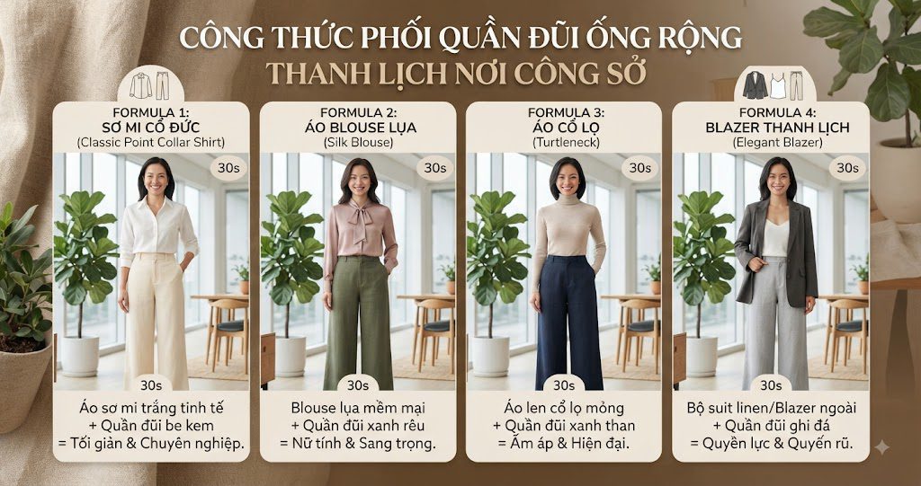 Công Thức Phối Quần Đũi Ống Rộng Thanh Lịch Nơi Công Sở