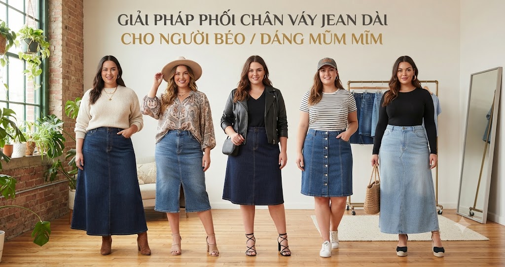 Giải Pháp Phối Chân Váy Jean Dài Cho Người Béo / Dáng Mũm Mĩm