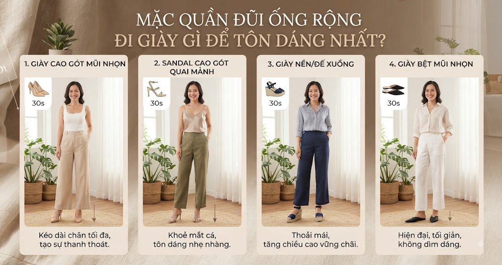 Mặc Quần Đũi Ống Rộng Đi Giày Gì Để Tôn Dáng Nhất?