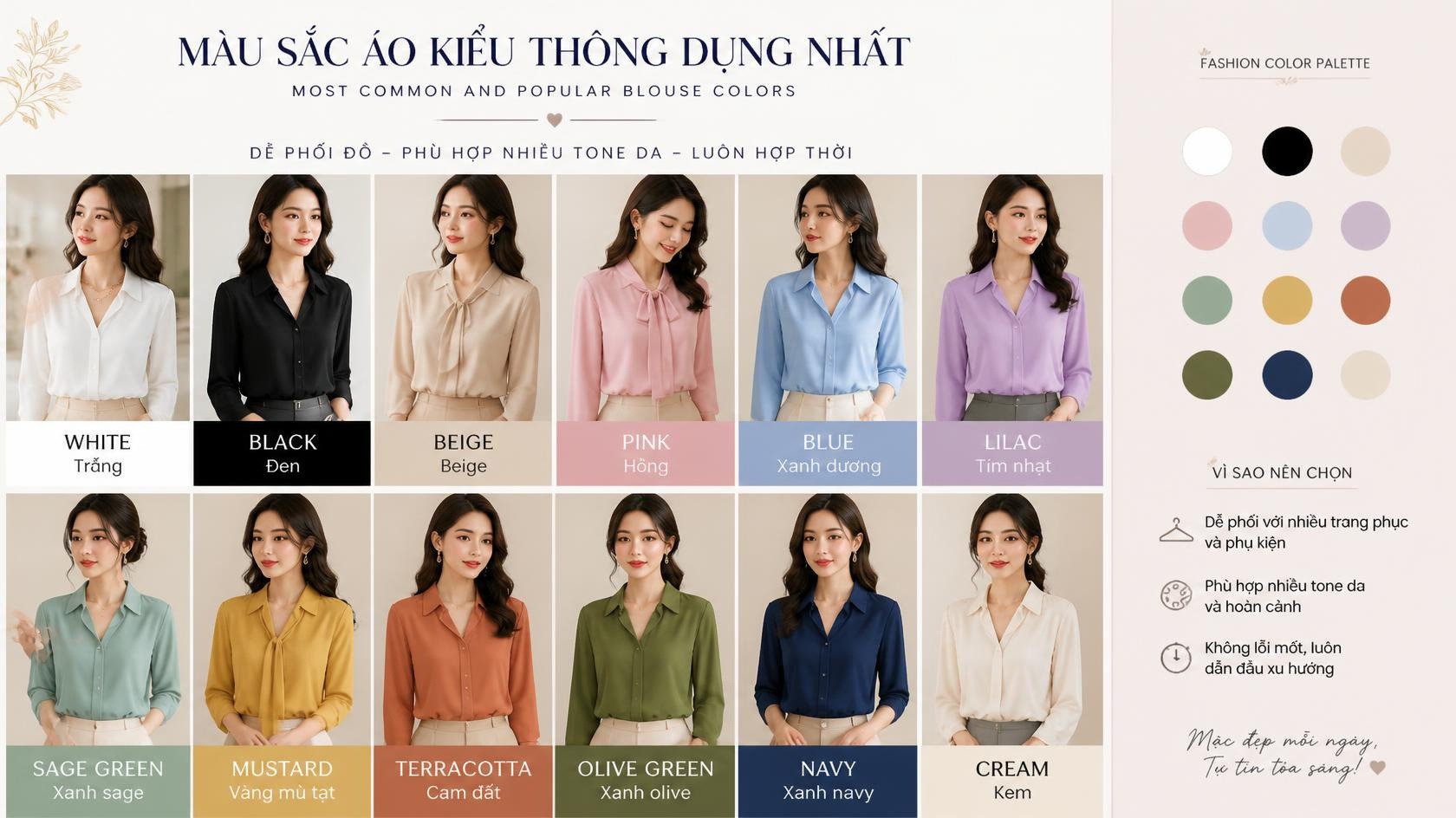 Một số màu sắc áo kiểu thông dụng nhất Một số màu sắc áo kiểu thông dụng nhất