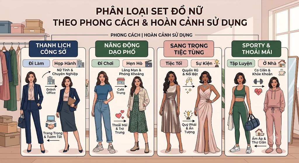 Phân Loại Set Đồ Nữ Theo Phong Cách & Hoàn Cảnh Sử Dụng