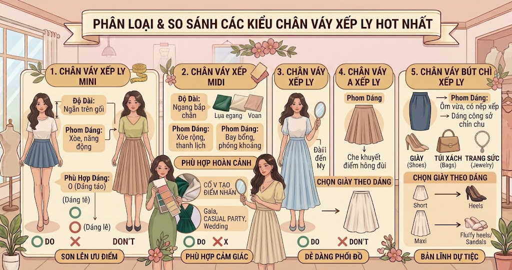Phân Loại & So Sánh Các Kiểu Chân Váy Xếp Ly Hot Nhất