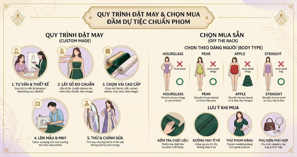 Quy trình đặt may & Chọn mua đầm dự tiệc chuẩn phom