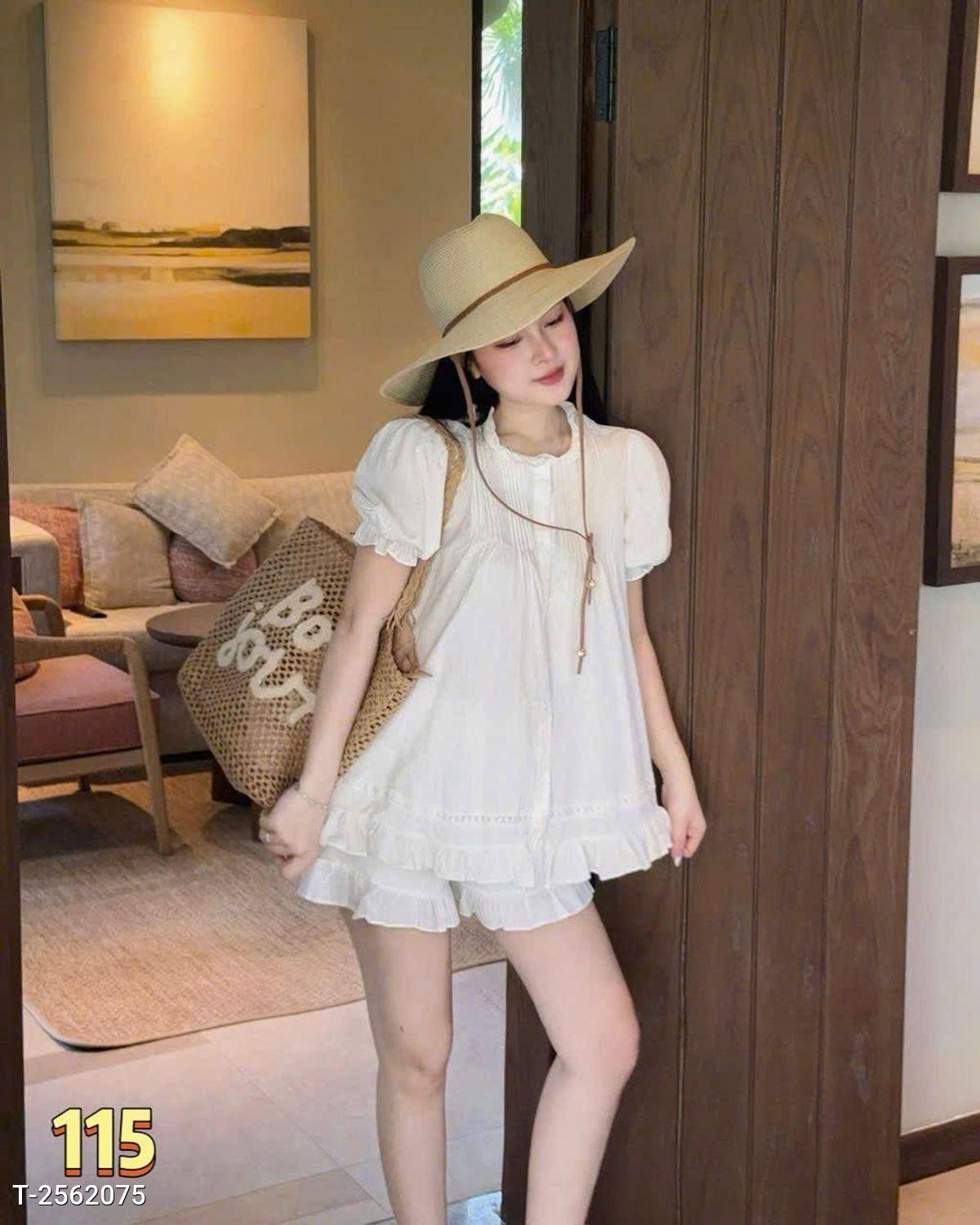 Đầm Babydoll Dễ Thương Chất Cotton Hàn Mềm Mát 1 Set Váy Nữ Cộc Tay Babydoll Dễ Thương Chất Cotton Hàn Mềm Mát #115-3
