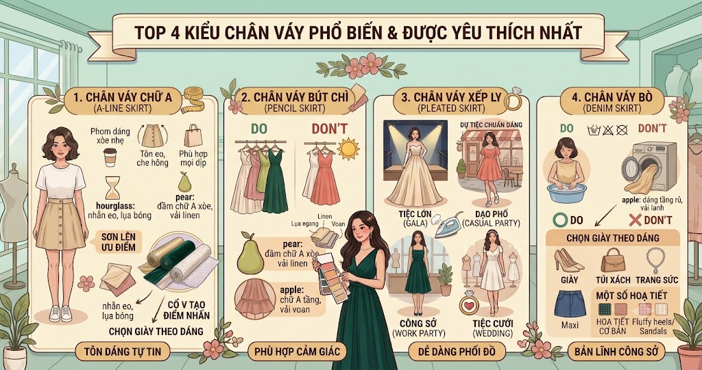 Top 4 Kiểu Chân Váy Phổ Biến & Được Yêu Thích Nhất