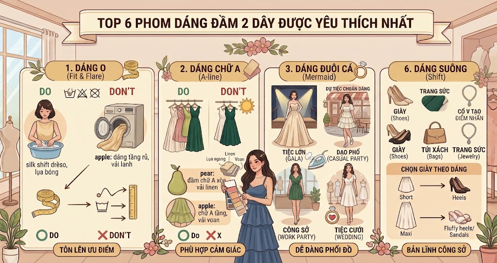 Top 6 phom dáng đầm 2 dây được yêu thích nhất
