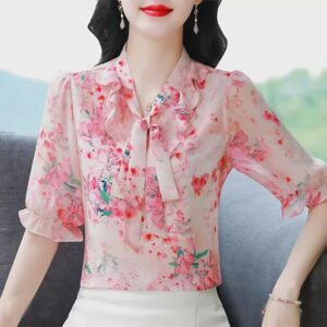 Áo Sơ Mi Nữ Cổ Trụ Họa Tiết Hoa Sang Trọng